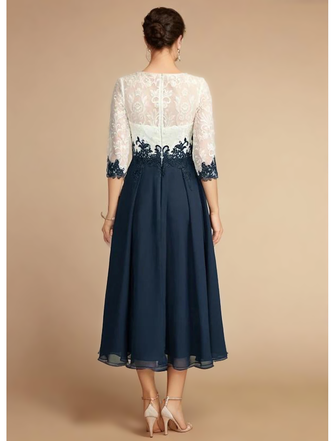 A-line Scoop Illusion Lace Chiffon Tea-Length Mother of the Bride Dress