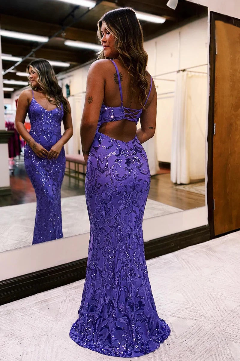 Mermaid / Trumpet Prom Dresses Sparkle & Shine Dress Formal Wedding Party Court Train Sleeveless V Neck Sequined Backless with Sequin Slit