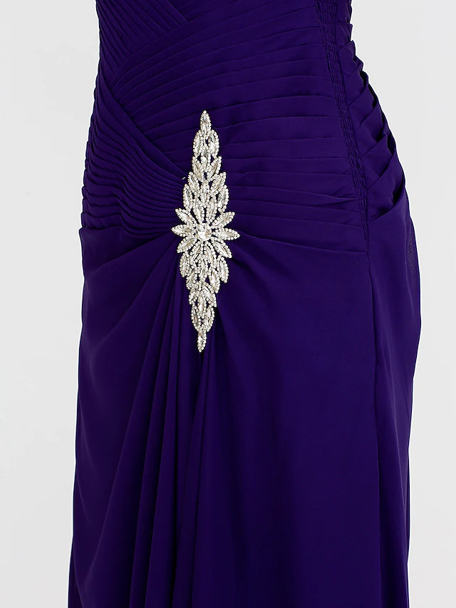 Sheath / Column Mother of the Bride Dress Color Block Lace Up Cowl Neck Ankle Length Chiffon Charmeuse Sleeveless with Criss Cross Beading