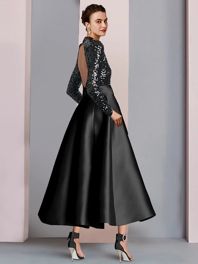 A-Line Mother of the Bride Dress Wedding Guest Elegant Sparkle & Shine High Neck Tea Length Satin Sequined Long Sleeve with Bow(s) Pleats