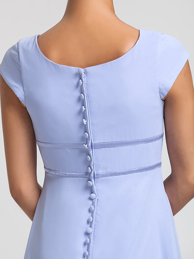 Etui-/Säulenkleid für die Brautjungfer, quadratischer Ausschnitt, kurze Ärmel, elegante bodenlange Chiffon mit Schärpe/Band/Falten