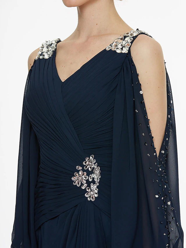 A-Line Mother of the Bride Dress High Low V Neck Asymmetrical Chiffon 3/4 Length Sleeve with Sash / Ribbon Pleats Beading