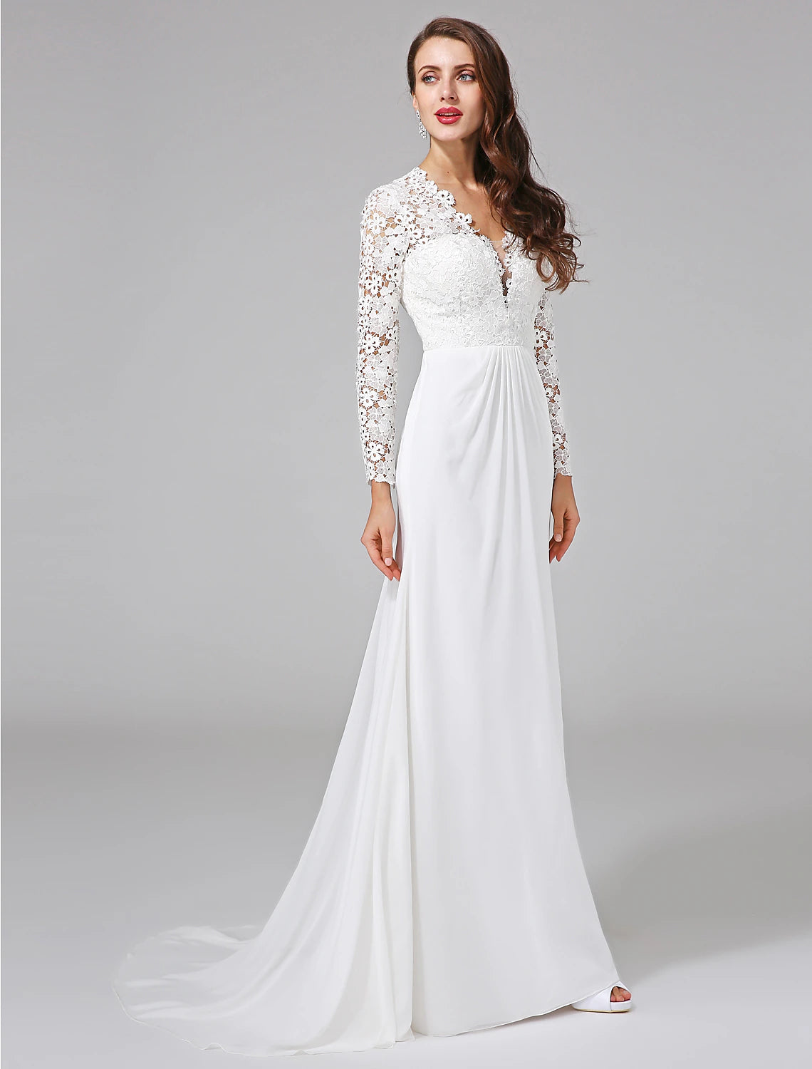 Beach Royal Style Boho Wedding Dresses Sweep / Brush Train Sheath / Column Long Sleeve Illusion Neck Chiffon With Lace Button