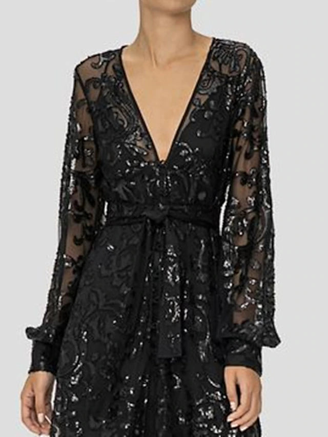 A-Line Mother of the Bride Dress Wedding Guest Elegant Sparkle & Shine V Neck Floor Length Lace Sequined Long Sleeve with Sequin Appliques Split Front