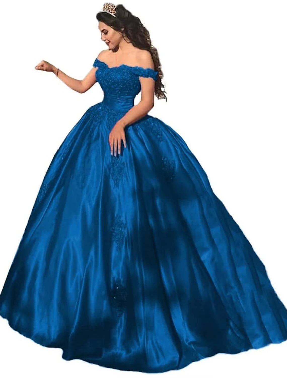 Ballkleid, luxuriös, sexy, Quinceanera, formeller Abend, Valentinstagskleid, schulterfrei, kurze Ärmel, Kapellenschleppe, Spitze mit Applikationen
