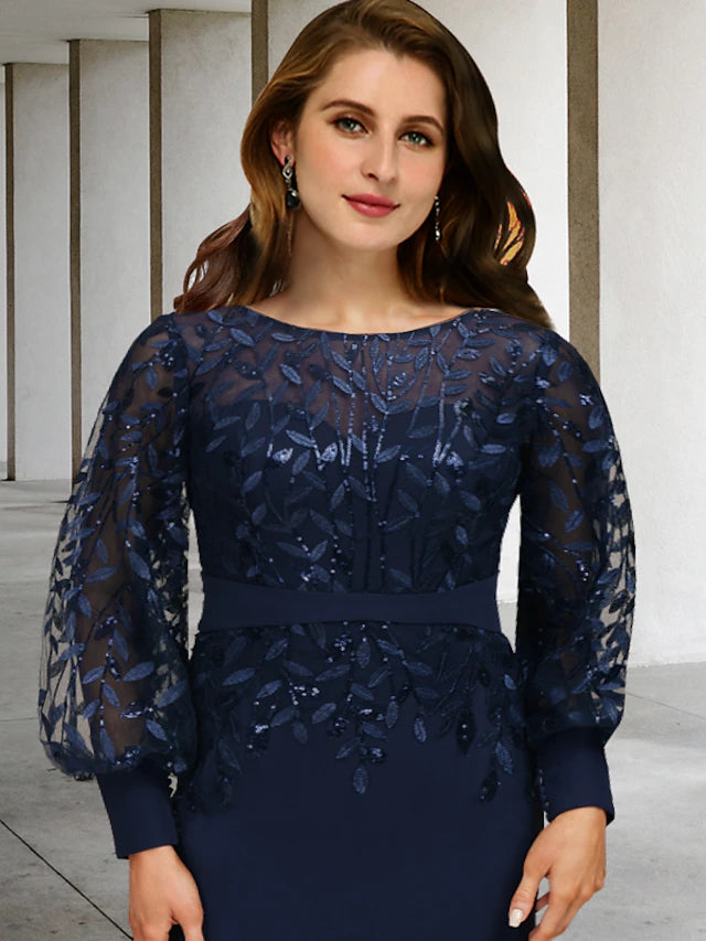 Meerjungfrau/Trompete, Übergröße, Kurve, Kleider für die Brautmutter, Vintage-Kleid, formell, Sweep/Pinselzug, lange Ärmel, Rundhalsausschnitt, Chiffon mit Paillettenrüschen