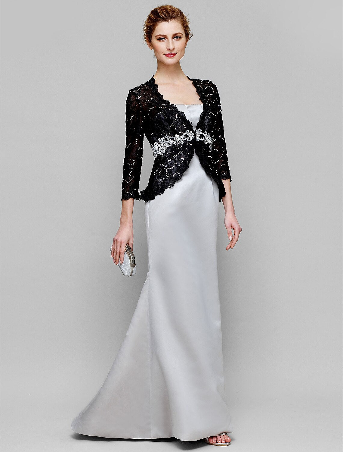 Mermaid / Trumpet Mother of the Bride Dress Convertible Dress Strapless Floor Length Satin Lace 3/4 Length Sleeve No with Lace Beading Sequin