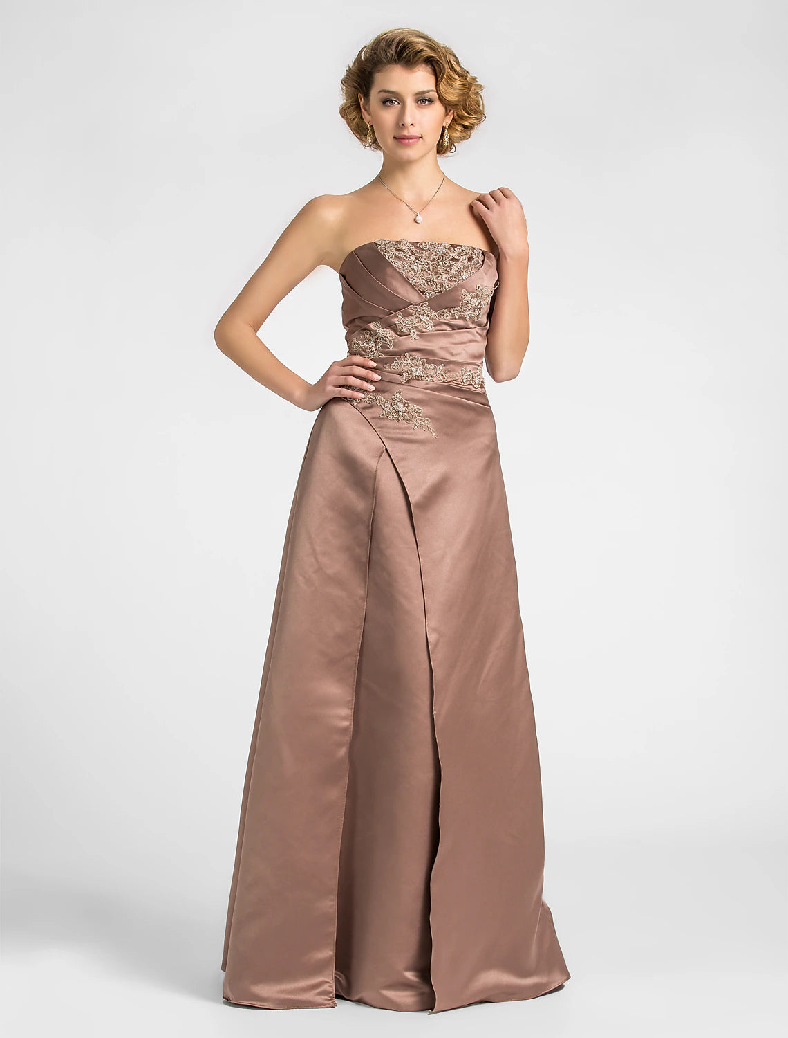 A-Line Mother of the Bride Dress Strapless Floor Length Satin Lace Sleeveless with Criss Cross Beading Appliques