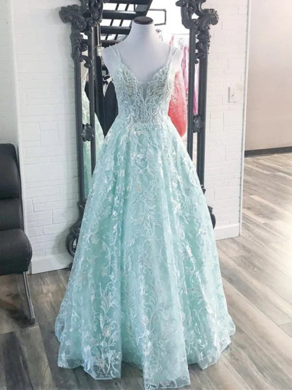 A Line V Neck Backless Lace Long Prom Dresses