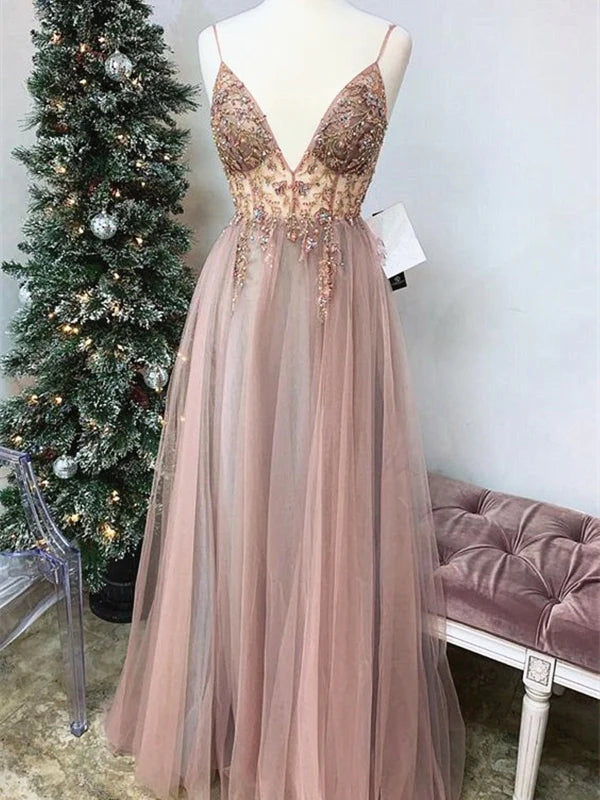 A Line V Neck Beaded Long Prom Dresses