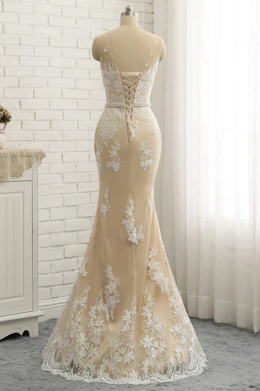 Mermaid Tulle Round Neck Lace Long Prom Dress