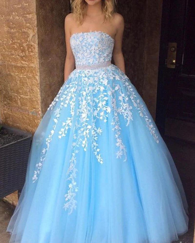 A Line Strapless Beaded Lace Prom Dresses Evening Gowns