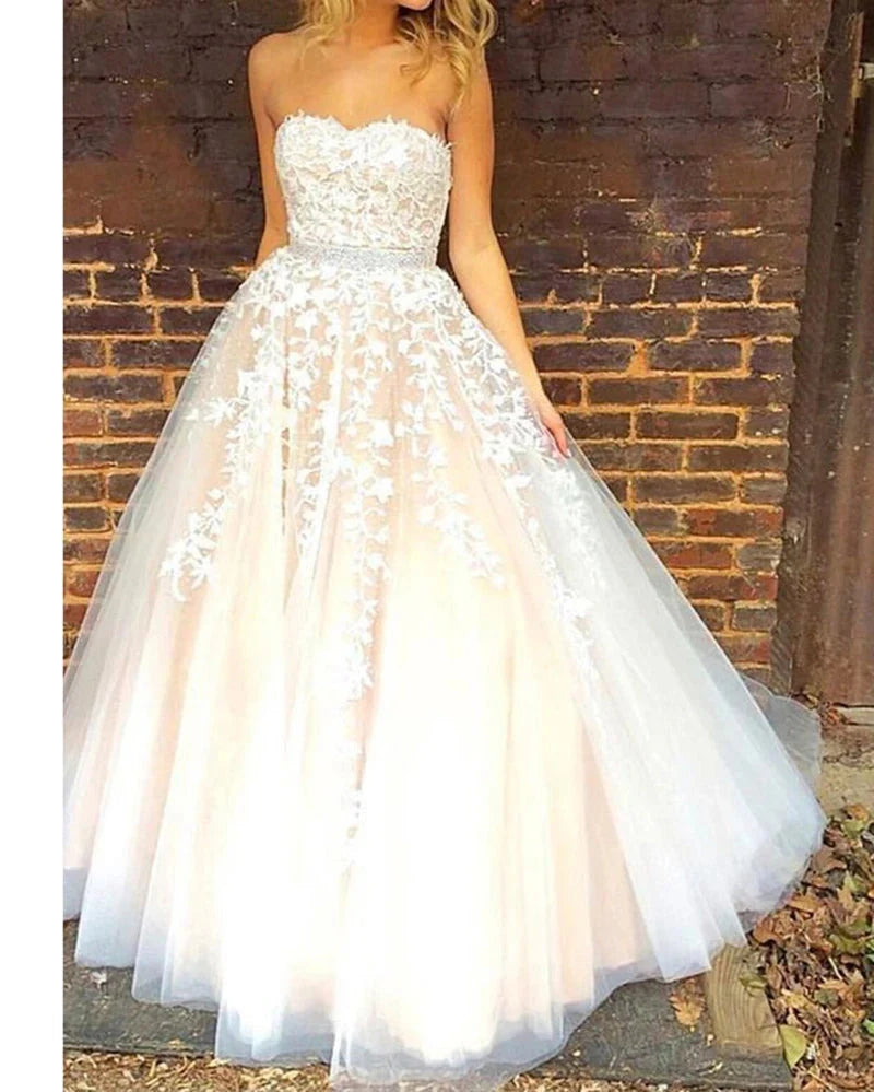 A Line Strapless Beaded Lace Prom Dresses Evening Gowns