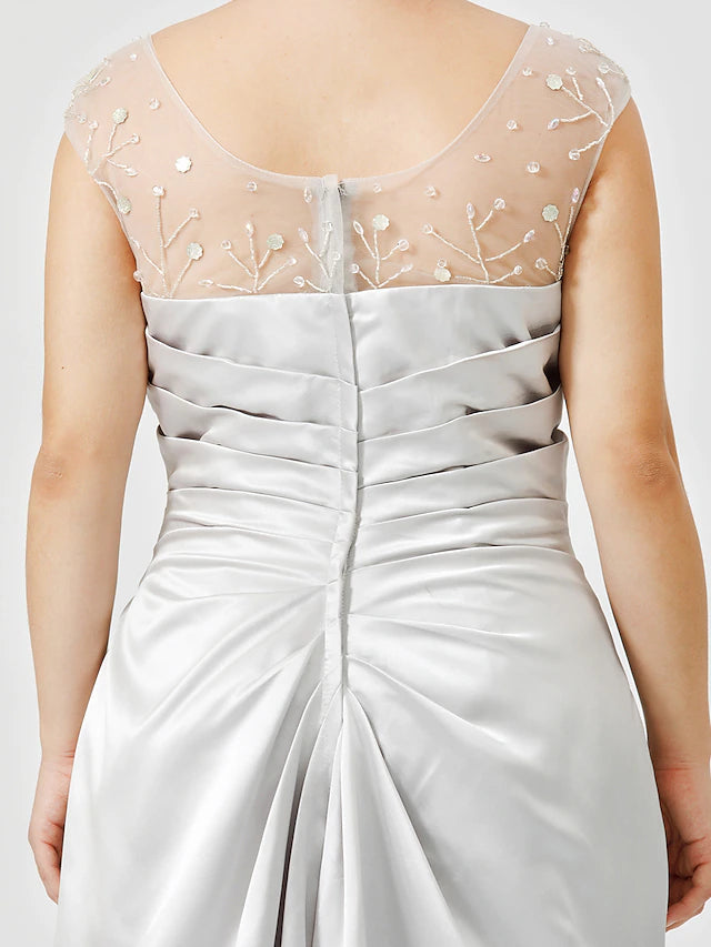 Sheath / Column Mother of the Bride Dress Classic & Timeless Elegant & Luxurious Plus Size Jewel Neck Floor Length Satin Sleeveless No with Pleats Crystals