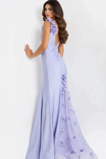 Romantic Mermaid V Neck Floral Strap Deep Back Floor Length Prom Dress