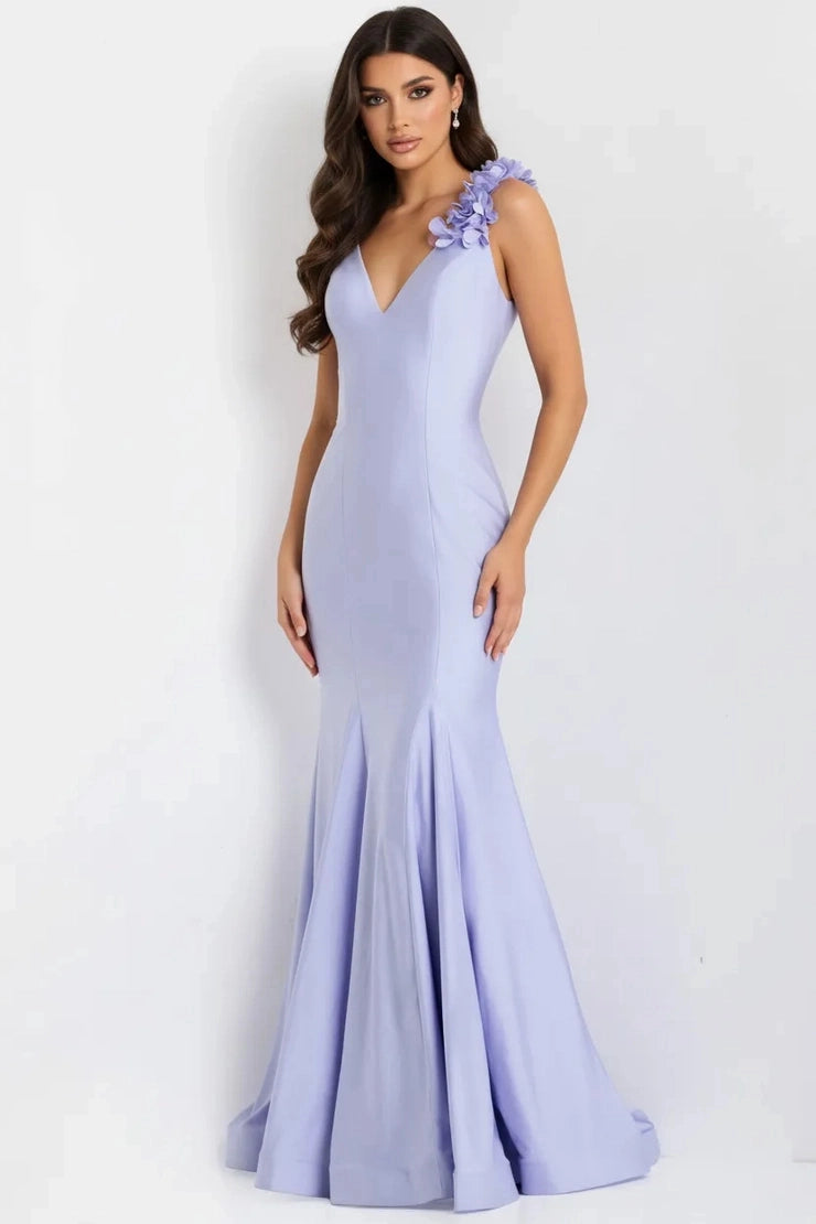 Romantic Mermaid V Neck Floral Strap Deep Back Floor Length Prom Dress