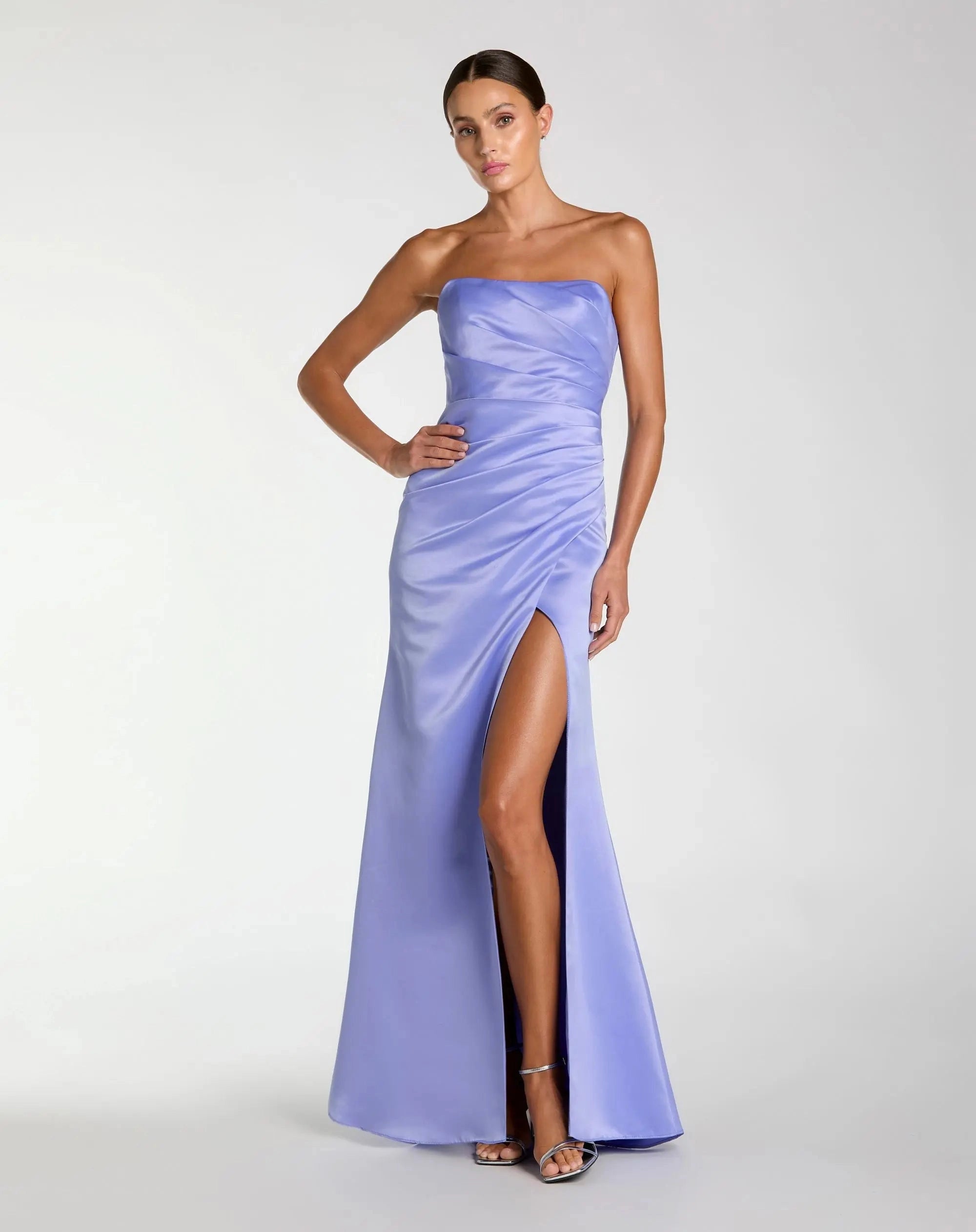 Strapless ruched satin high slit sheath prom gown
