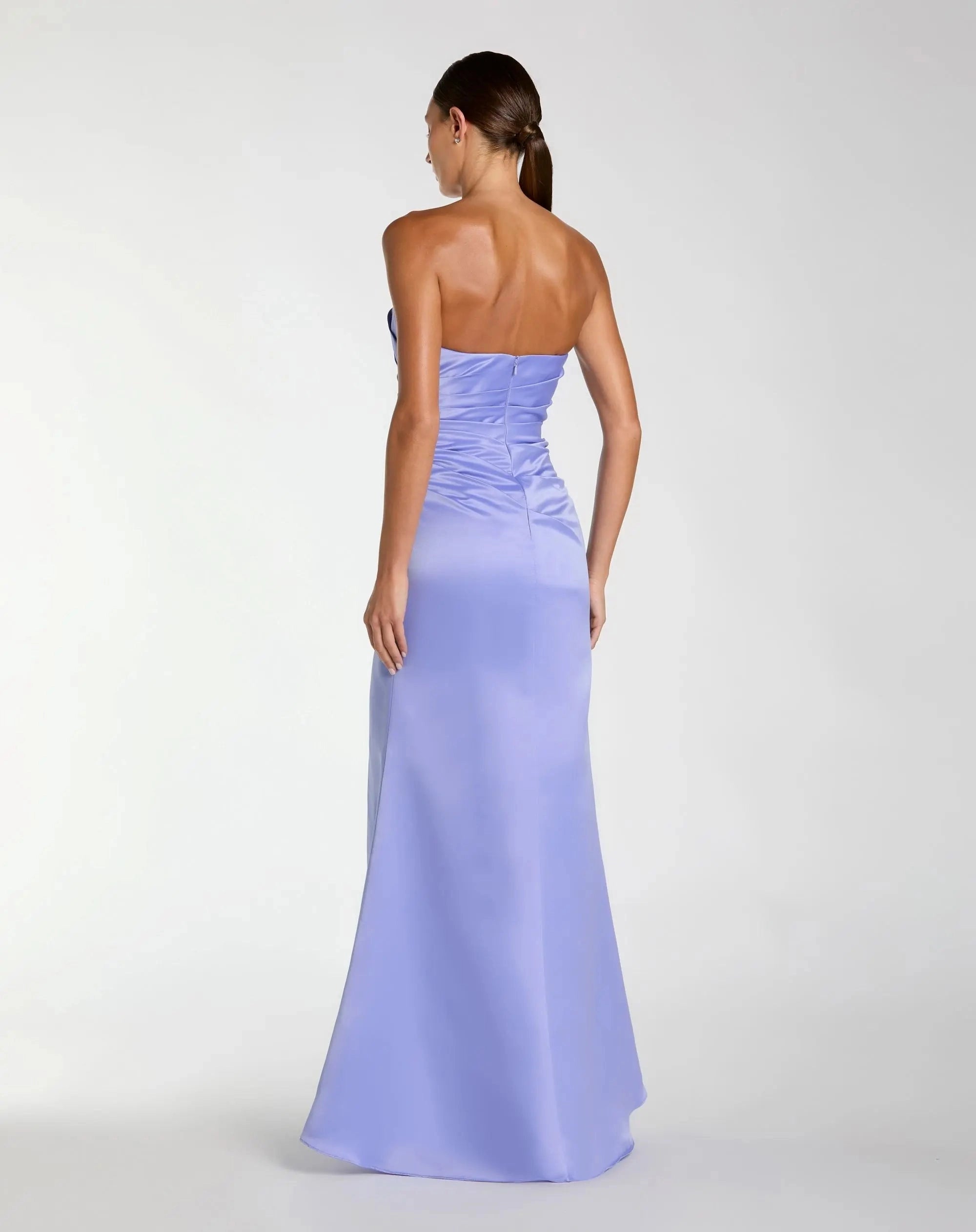 Strapless ruched satin high slit sheath prom gown