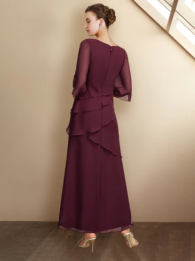 A-Line Mother of the Bride Dress Plus Size Elegant Jewel Neck Ankle Length Chiffon Half Sleeve with Ruffles Side-Draped