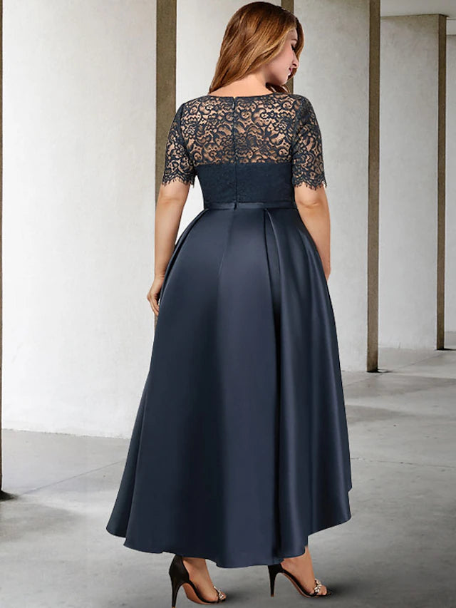 A-Line Plus Size Curve Mother of the Bride Dresses Elegant Dress Formal Asymmetrical Short Sleeve Jewel Neck Satin with Pleats