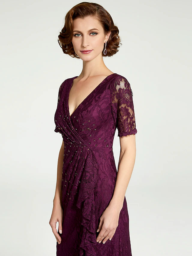 Sheath / Column Mother of the Bride Dress V Neck Floor Length Lace Short Sleeve with Lace Beading