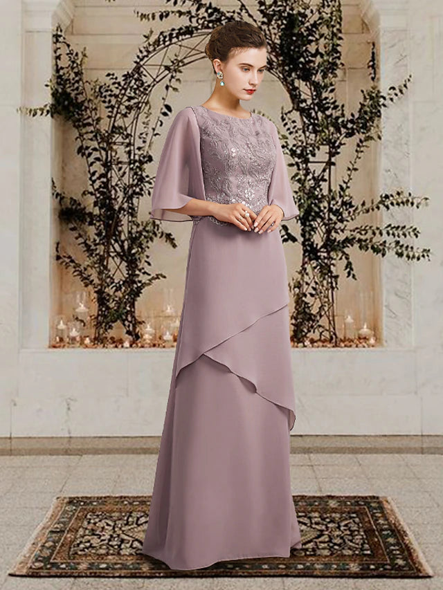 Sheath / Column Mother of the Bride Dress Plus Size Elegant Jewel Neck Floor Length Chiffon Lace Short Sleeve with Ruffles Appliques