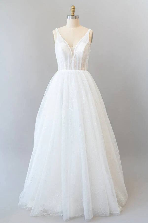 A-line Open Back Sequins Tulle Backless Long Wedding Dress