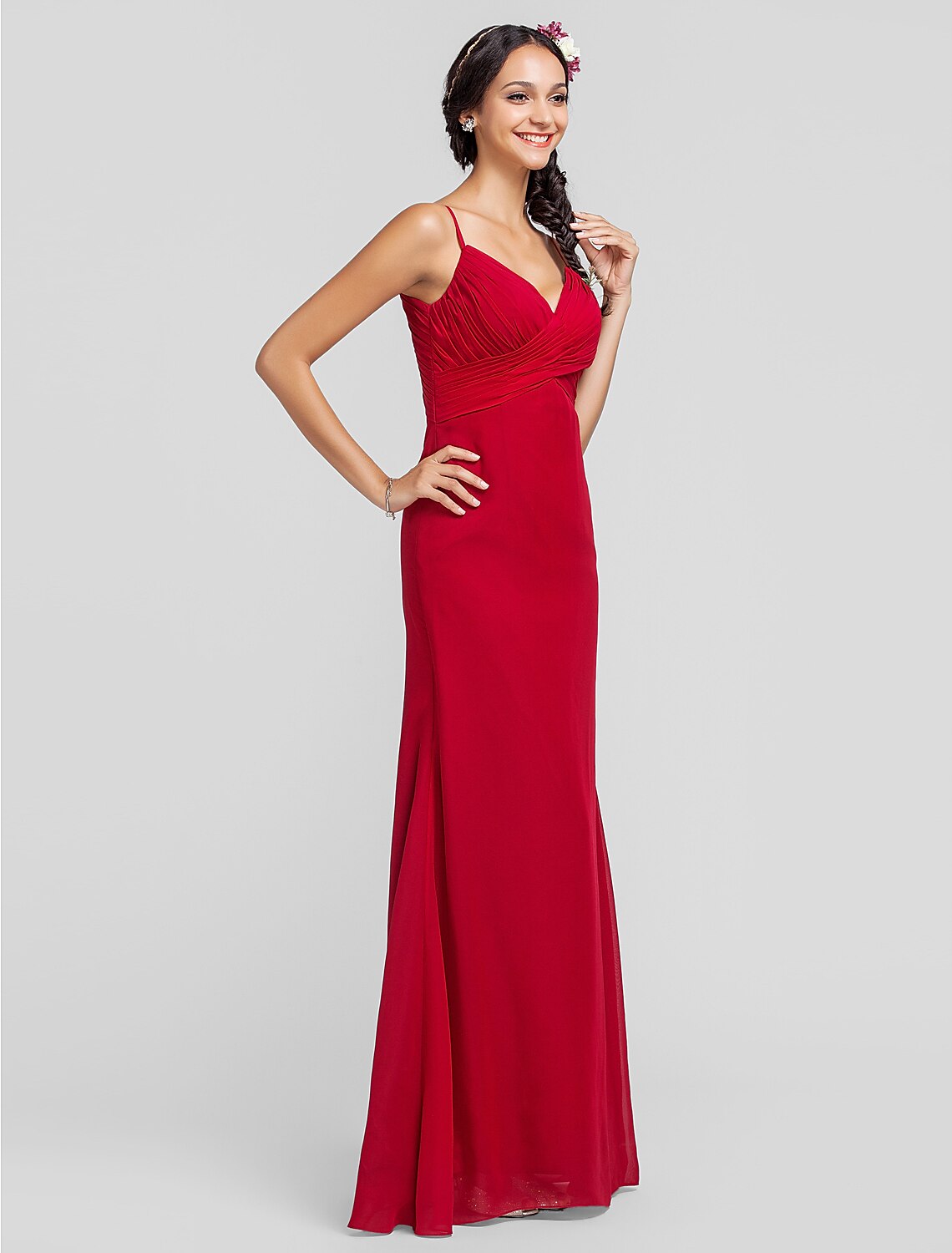 Etui-/Säulen-Brautjungfernkleid mit Spaghettiträgern und bodenlangem Chiffon-Kleid