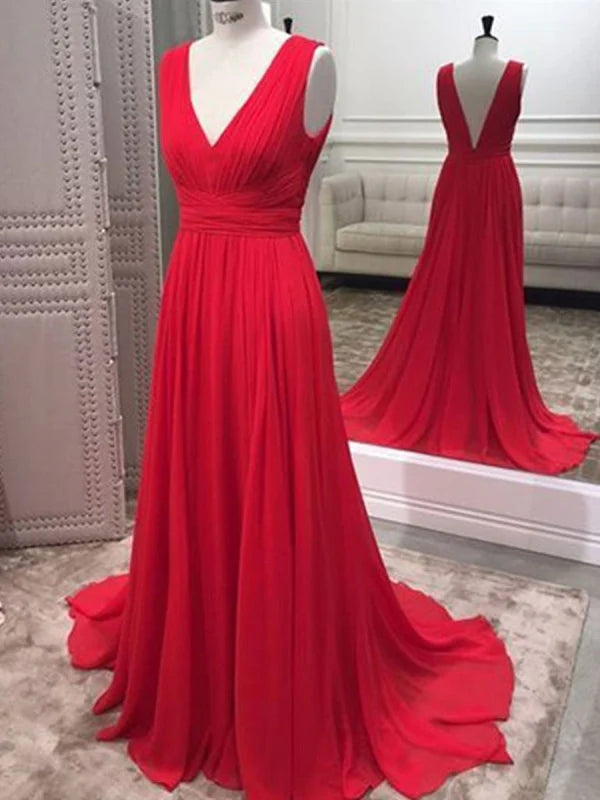 A Line V Neck Open Back Chiffon Ruffles Long Prom Dresses