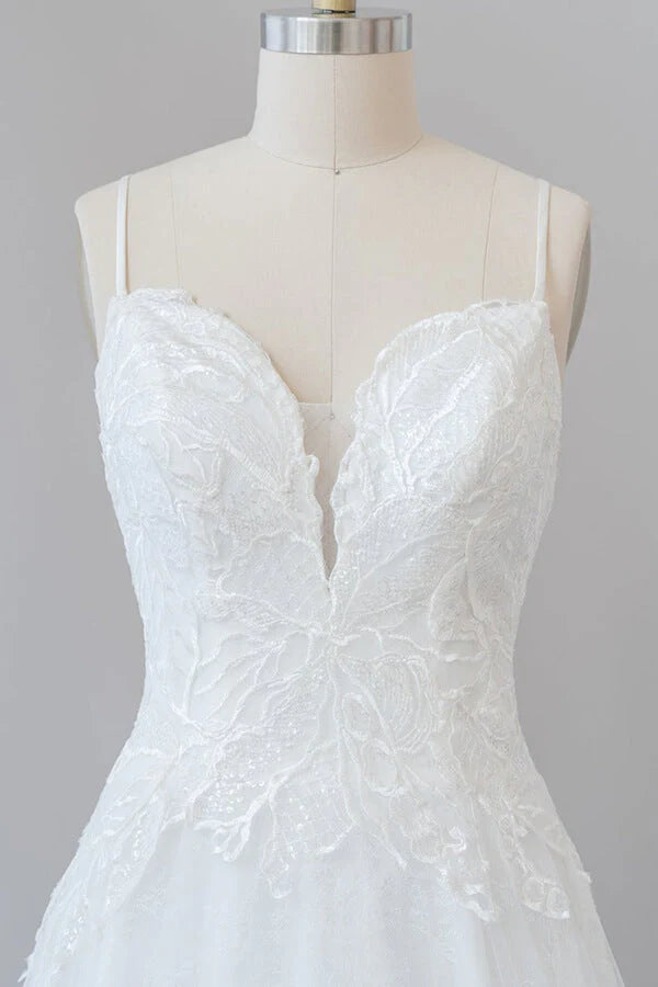 A-line Spaghetti Strap Applique Tulle Backless Long Wedding Dress