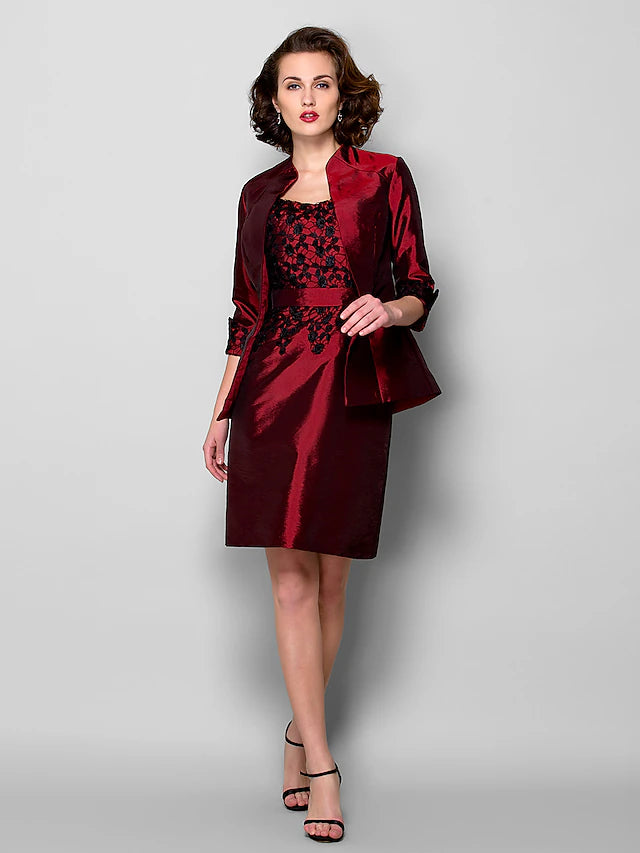 Sheath / Column Mother of the Bride Dress Wrap Included Scoop Neck Knee Length Taffeta 3/4 Length Sleeve with Lace Sash / Ribbon