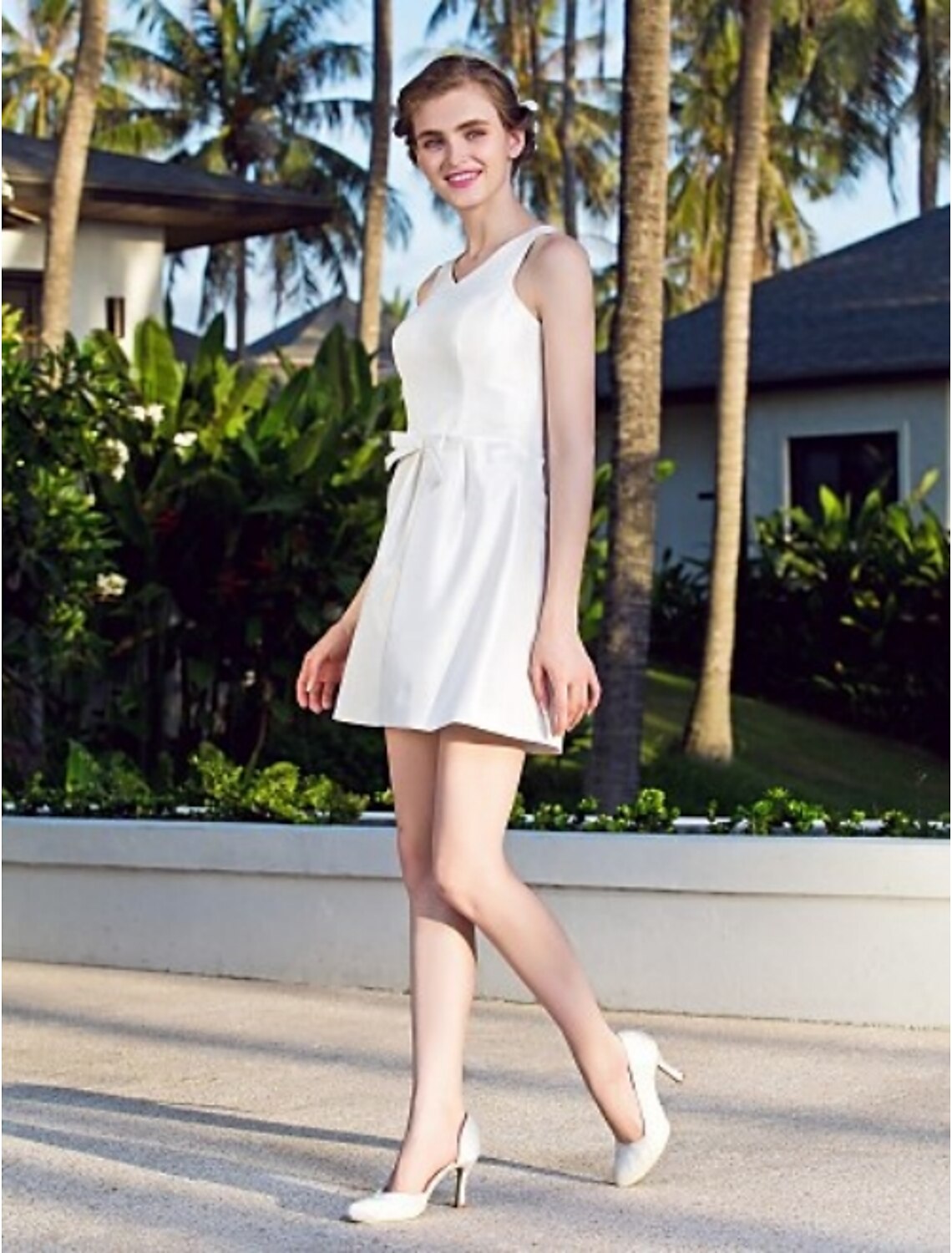 A-Linie V-Ausschnitt Kurz/Mini Nylon Taft Maßgefertigte Brautkleider mit Schleife