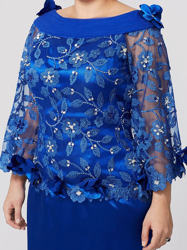 Mermaid / Trumpet Mother of the Bride Dress Formal Plus Size Elegant Bateau Neck Sweep / Brush Train Lace Over Charmeuse Long Sleeve No with Pleats Ruffles