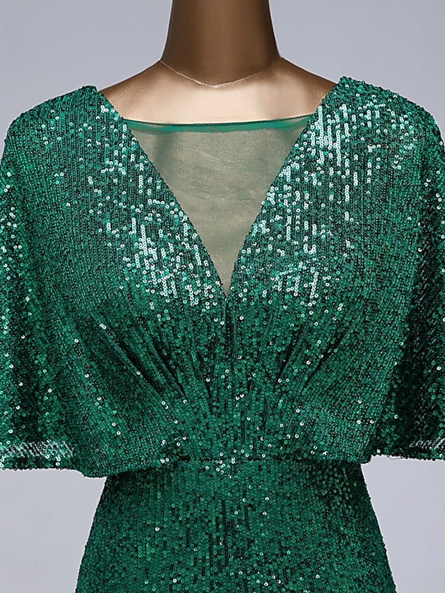 Meerjungfrau/Trompete Ballkleider Glitzerkleid Hochzeitsgast Bodenlang Halbarm Illusionsausschnitt Paillettenbesetzt mit Paillettenrüschen