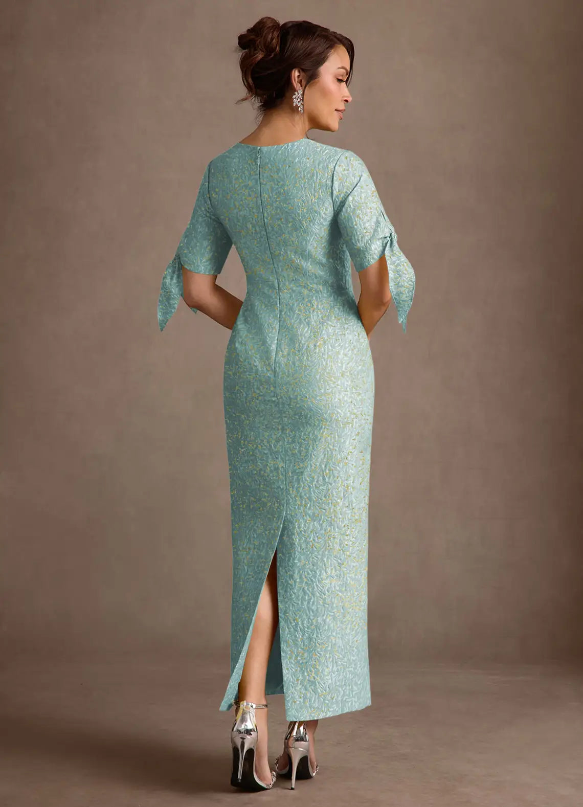 Light Blue Jacquard Sheath Round Neck Short Sleeve Bow Zip Back Midi Mother of the Bride Dress