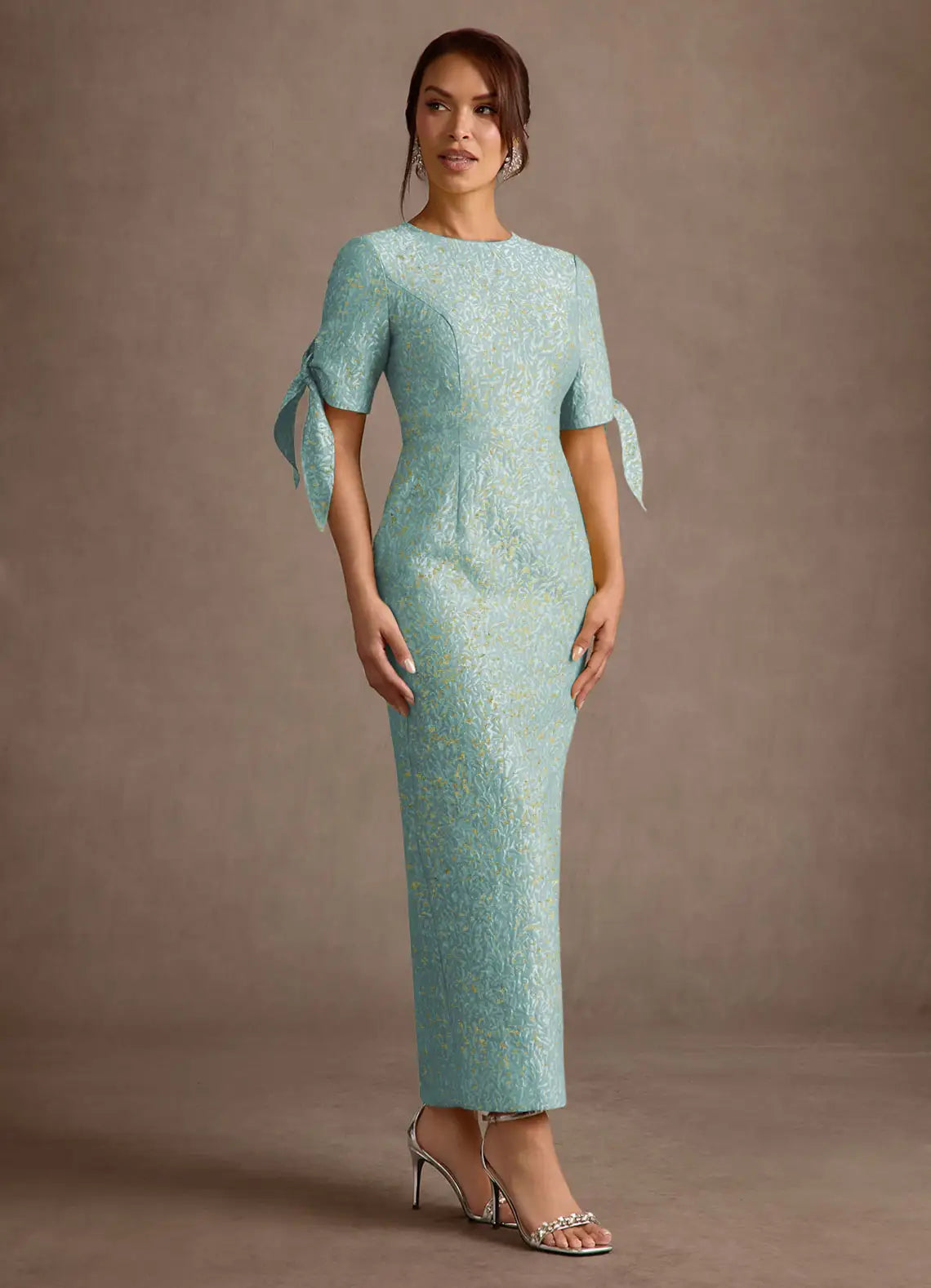 Light Blue Jacquard Sheath Round Neck Short Sleeve Bow Zip Back Midi Mother of the Bride Dress