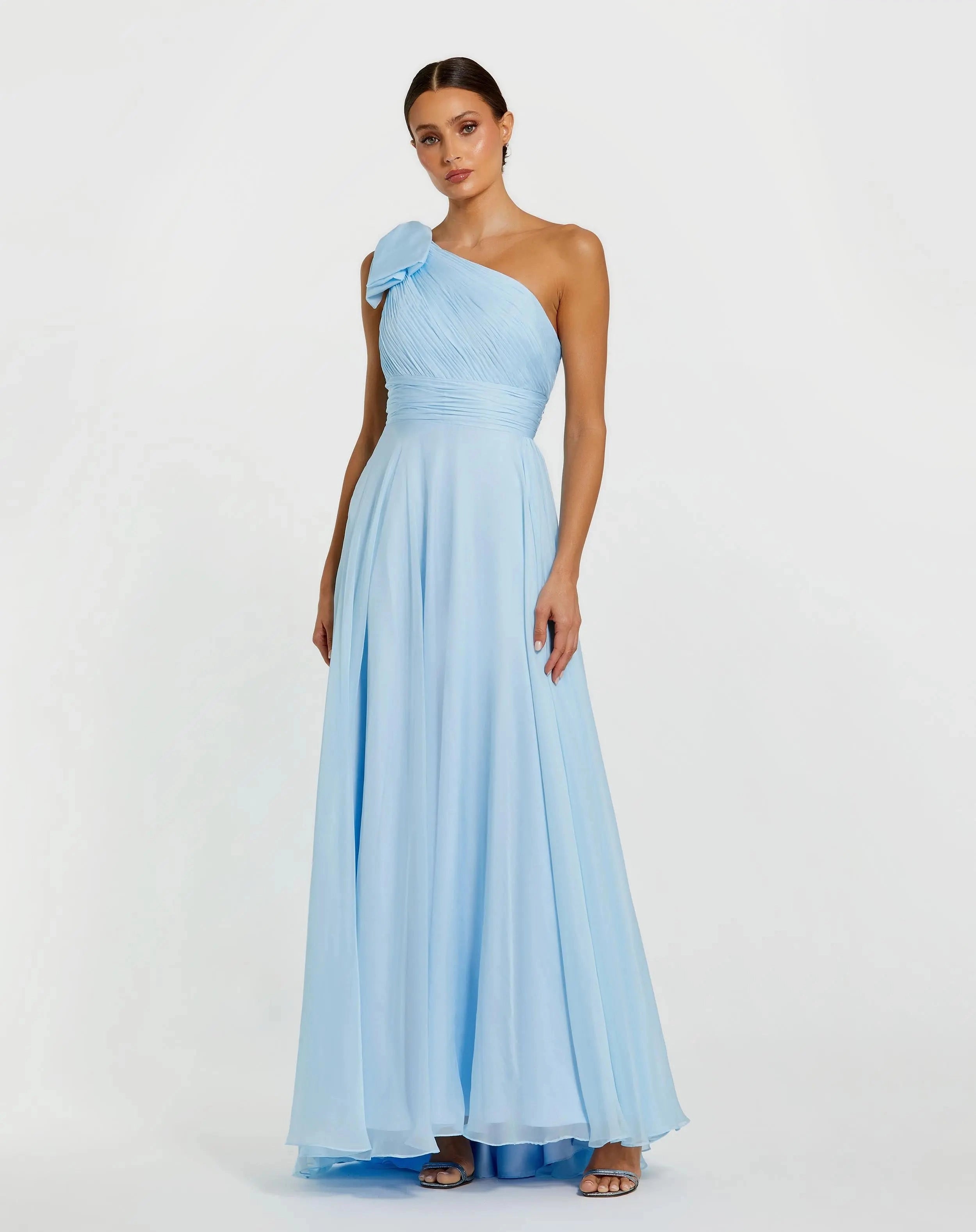 One shoulder bow chiffon a-line floor prom gown