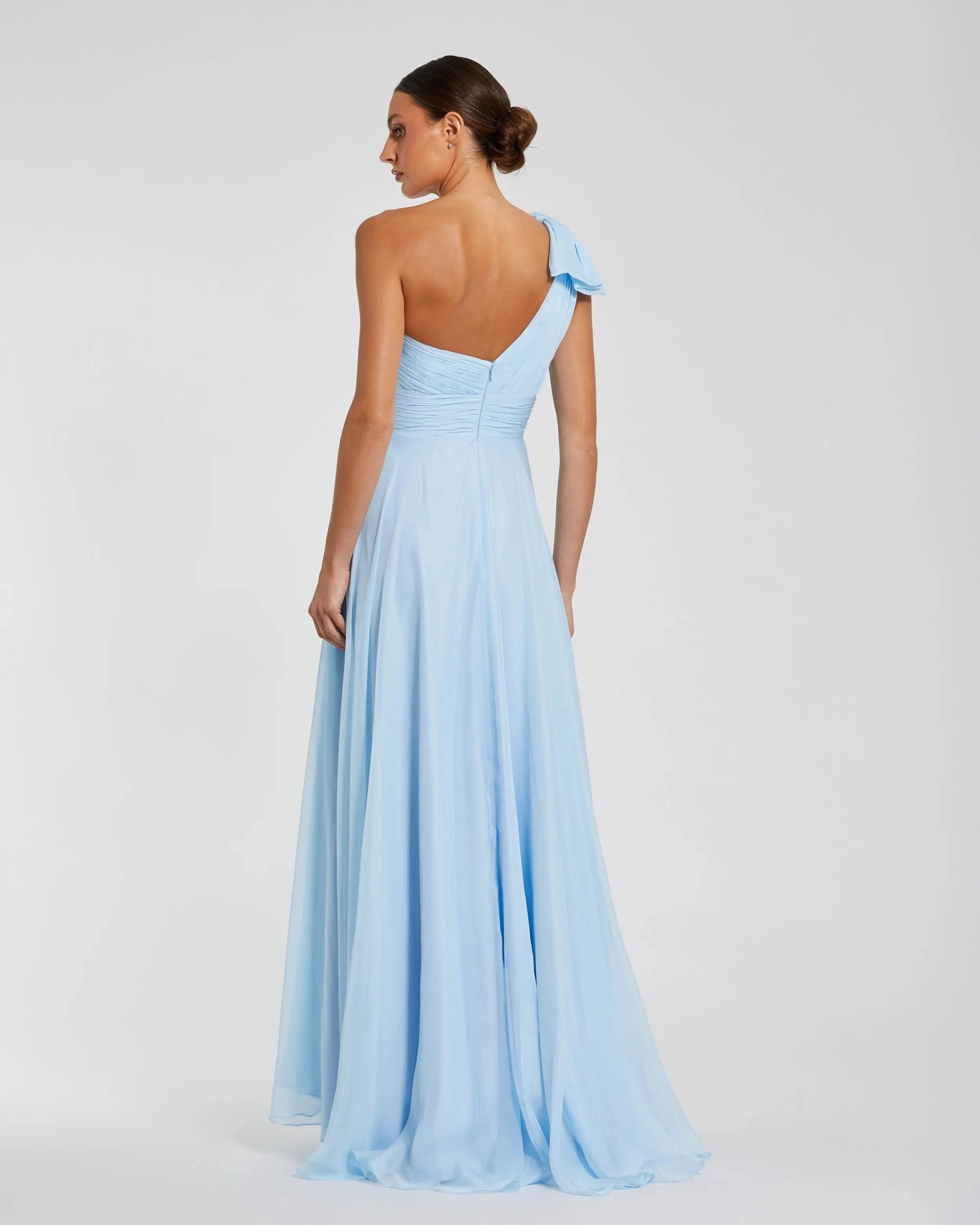 One shoulder bow chiffon a-line floor prom gown