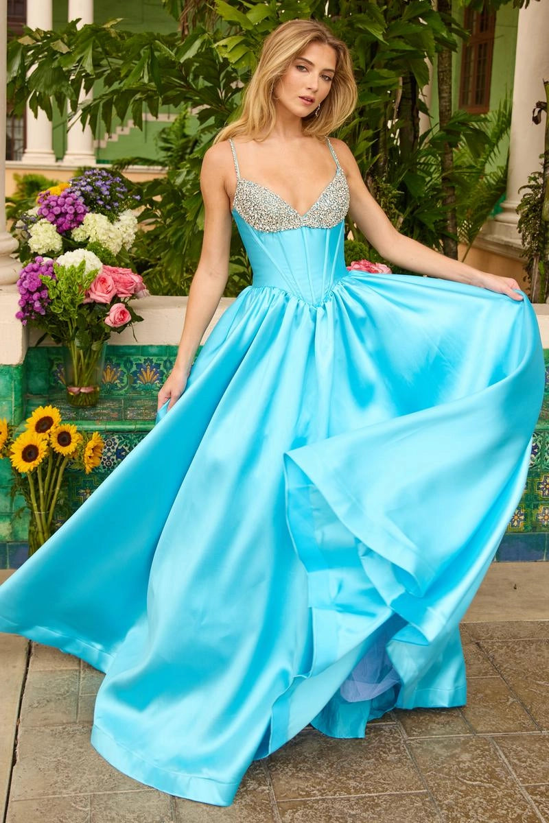 Light Blue Spaghetti Strap Beaded Corset A Line Prom Dress