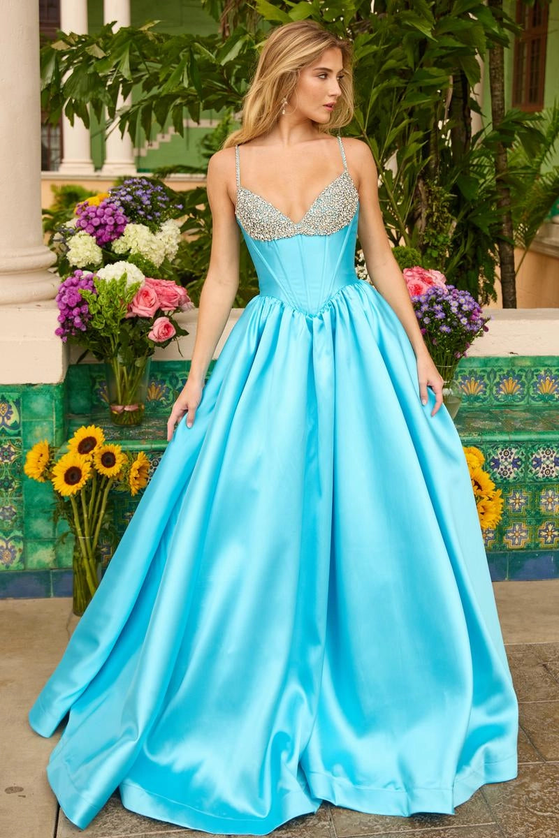 Light Blue Spaghetti Strap Beaded Corset A Line Prom Dress