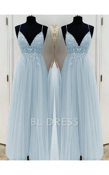 A-Line/Elegant Spaghetti Straps Sleeveless Beading Tulle Floor-Length formal dresses Bridesmaid Dresses evening gown Prom Dress With Split