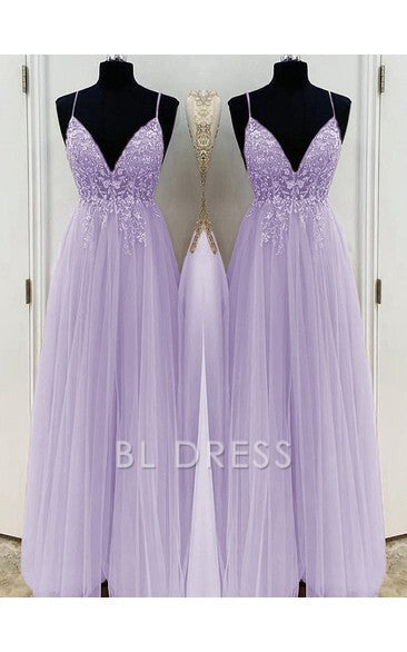 A-Line/Elegant Spaghetti Straps Sleeveless Beading Tulle Floor-Length formal dresses Bridesmaid Dresses evening gown Prom Dress With Split