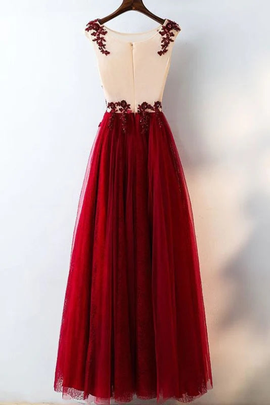 A-line Lace Applique Sleeveless Tulle Long Prom Dress