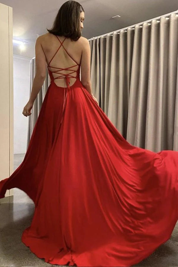 A line Spaghetti Straps Red Chiffon Long Prom Dress Evening Dress