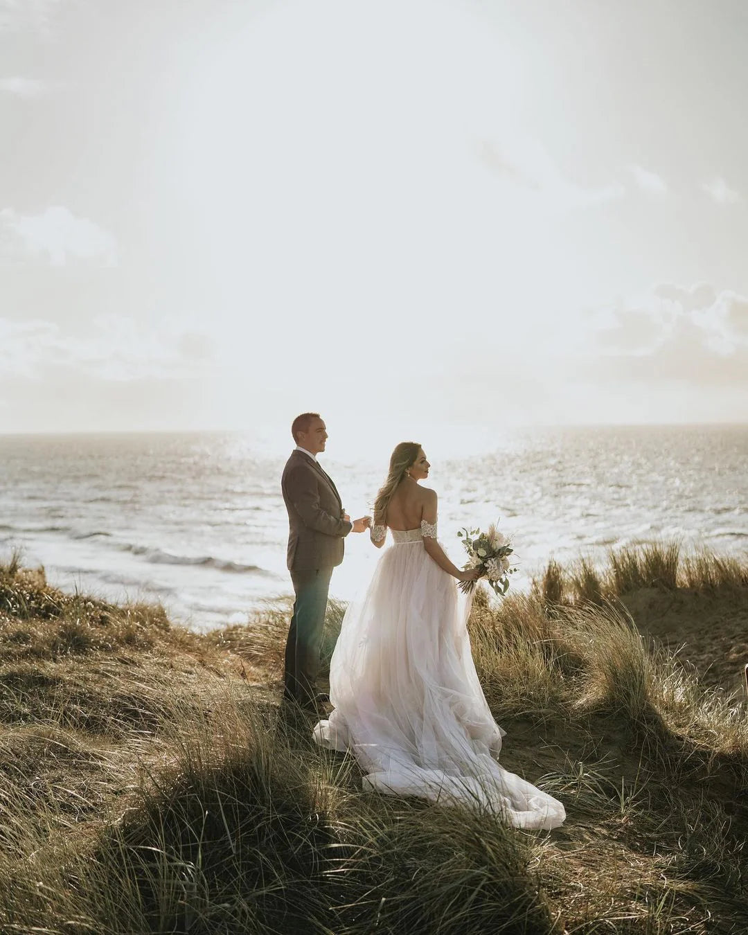 A-Line Off-the-Shoulder Backless Appliques Lace Tulle Long Wedding Dress