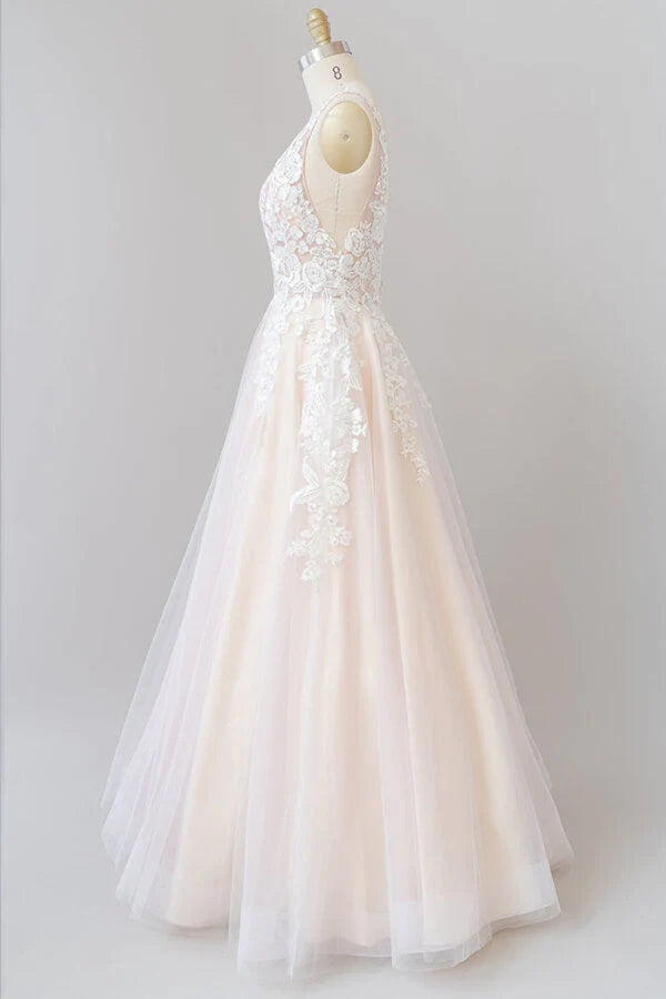 A-line V-neck Appliques Lace Tulle Backless Long Wedding Dress