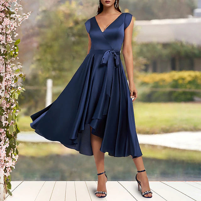 A-Line Mother of the Bride Dress Elegant Sexy High Low V Neck Asymmetrical Tea Length Charmeuse Cap Sleeve with Bow(s) Pleats