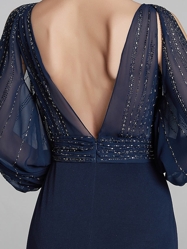 Sheath / Column Mother of the Bride Dress Sparkle & Shine Boat Neck Floor Length Chiffon Jersey Long Sleeve No with Beading Ruching