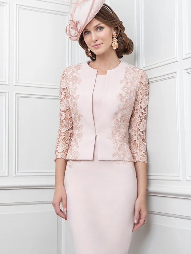 Sheath / Column Mother of the Bride Dress Vintage Plus Size Elegant Jewel Neck Knee Length Satin 3/4 Length Sleeve with Lace