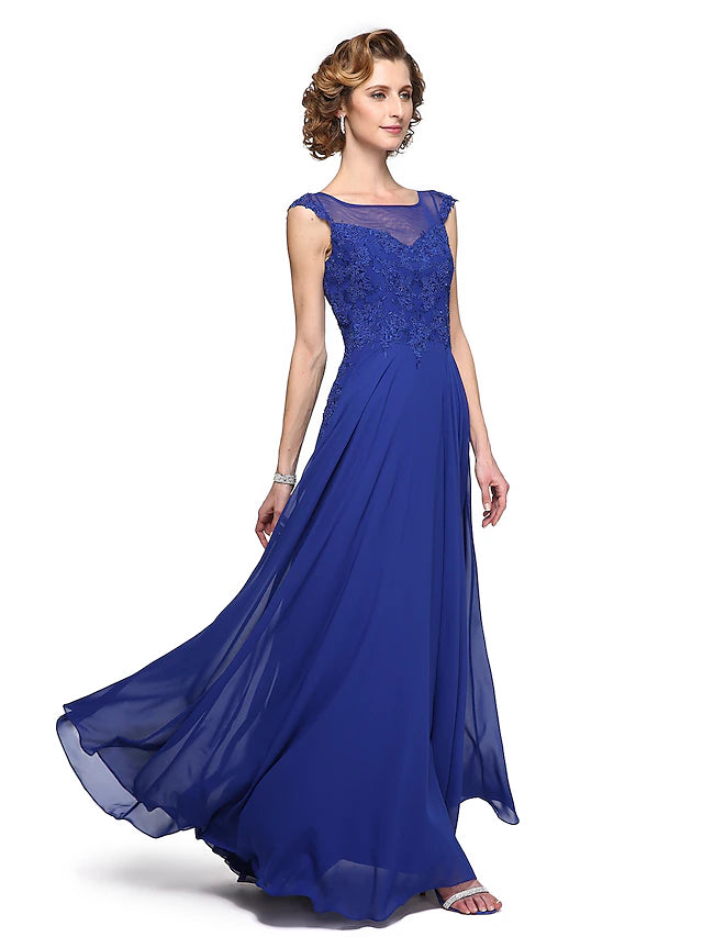 A-Line Mother of the Bride Dress Elegant Jewel Neck Ankle Length Chiffon Lace Sleeveless with Appliques